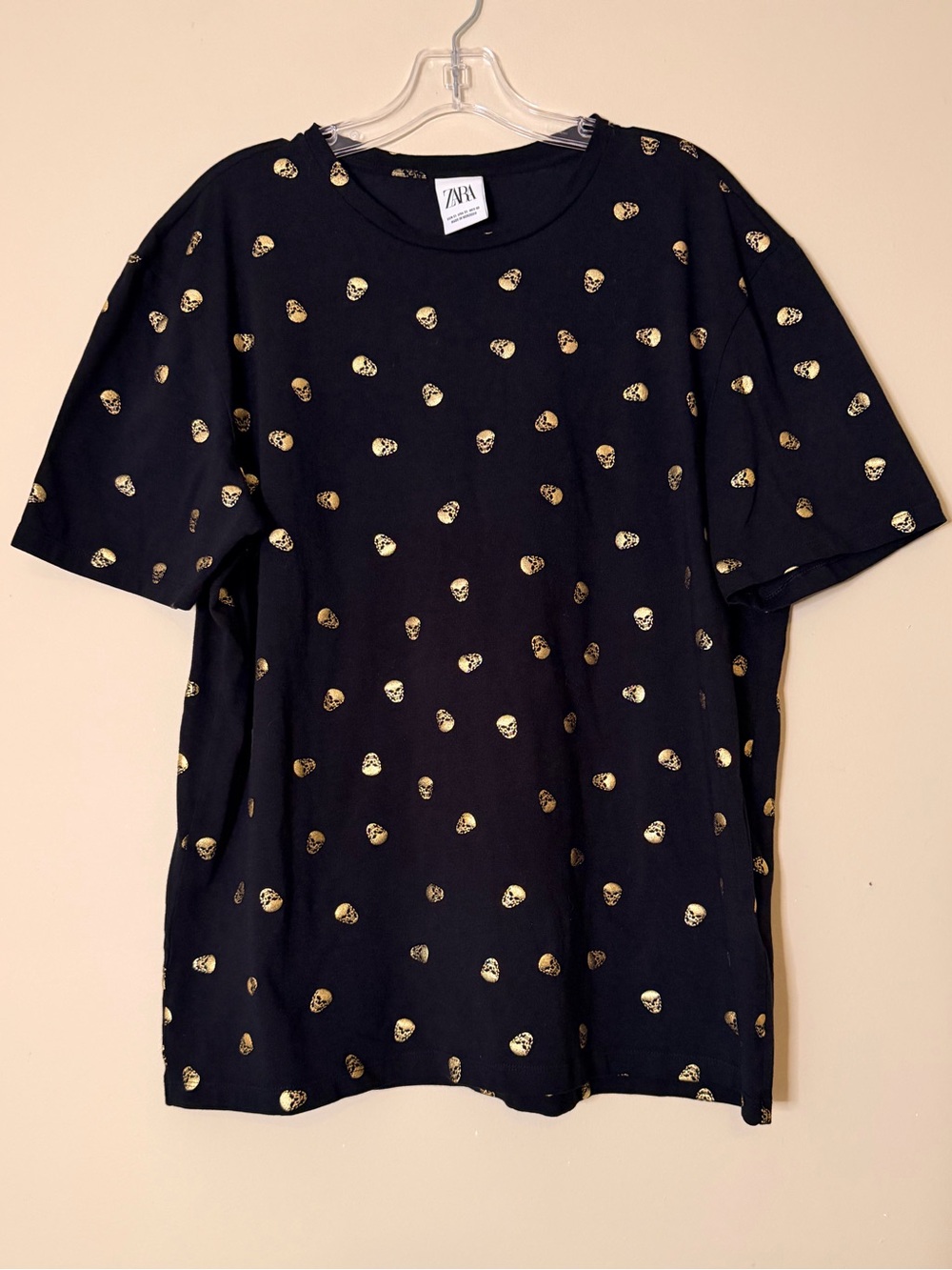 Zara Black Tee with Gold Skull Pattern